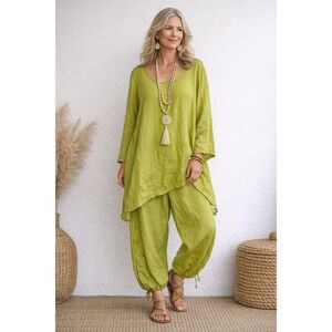 Kleen Linen Lagenlook 1X 2pc Set Chartreuse Green Tunic Pants Artwear Boho